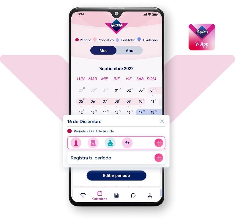 Mujer usando la app de Nosotras para registrar su ciclo